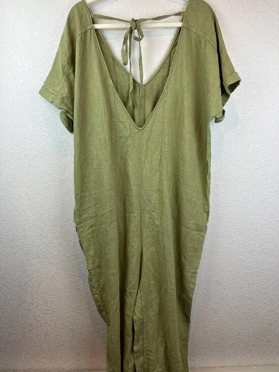 Free People Green Linen Blend Jumpsuit XL Baggy Cargo Pockets Relaxed Lagenlook - Picture 10 of 10